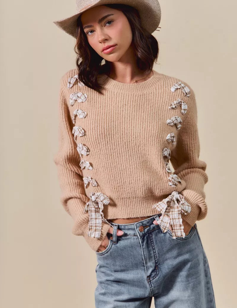 TAUPE SO ME Checkered Plaid Tape Lace Up Ribbed Sweater | Daverri Fashions