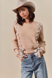 TAUPE SO ME Checkered Plaid Tape Lace Up Ribbed Sweater | Daverri Fashions