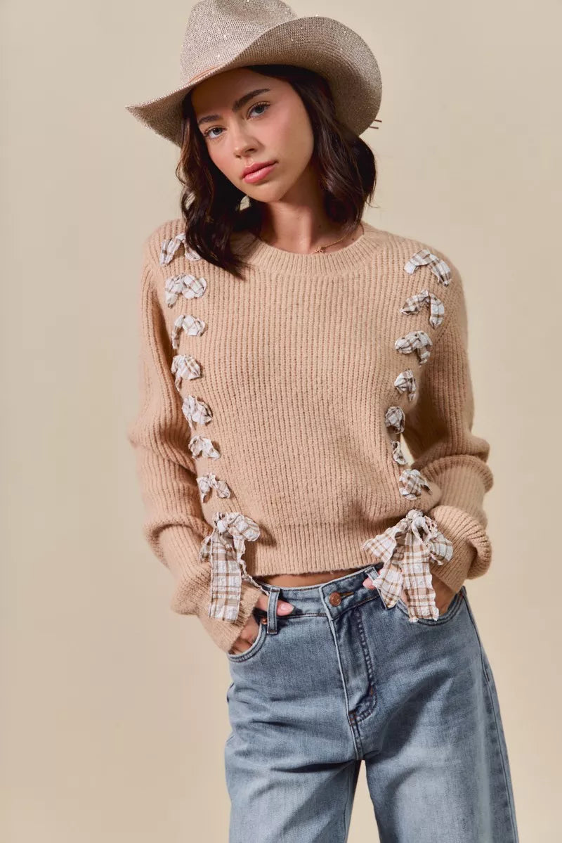 TAUPE SO ME Checkered Plaid Tape Lace Up Ribbed Sweater | Daverri Fashions