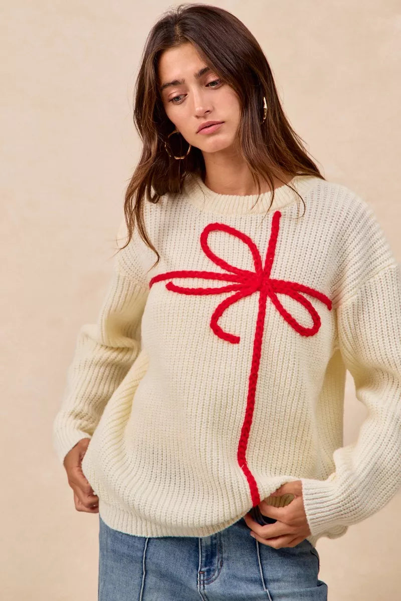 BiBi Christmas Ribbon Bow Embroidery Sweater | Sweaters Daverri Fashions