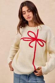 BiBi Christmas Ribbon Bow Embroidery Sweater | Sweaters Daverri Fashions