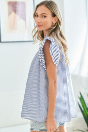 First Love Blue Striped Flutter Sleeve Blouse Tops