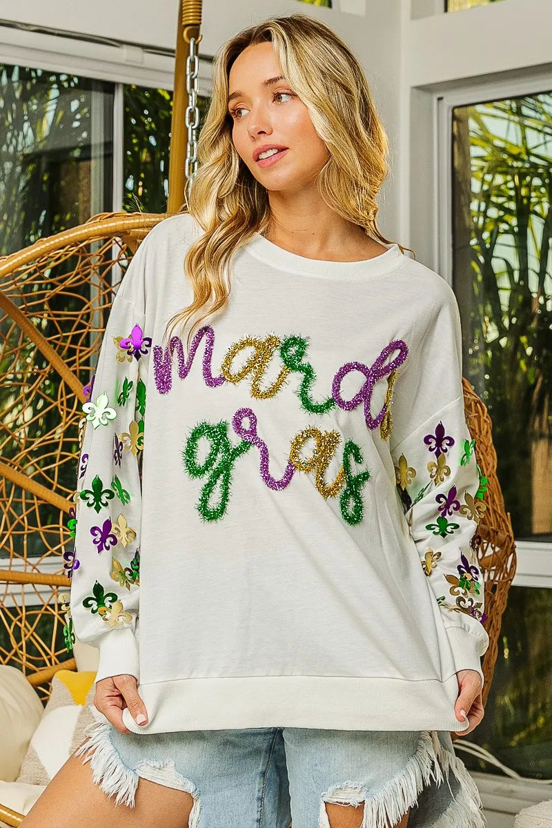BiBi Fleur De Lis Sleeve Mardi Gras Pullover | Daverri Fashions