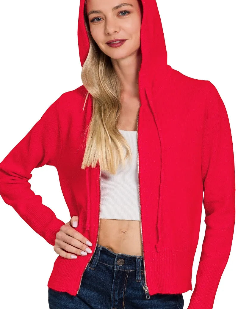 Zenana Drawstring Zip Up Hooded Cardigan Red | Cardigans Daverri Fashions