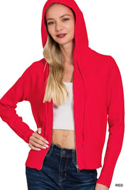 Zenana Drawstring Zip Up Hooded Cardigan Red | Cardigans Daverri Fashions