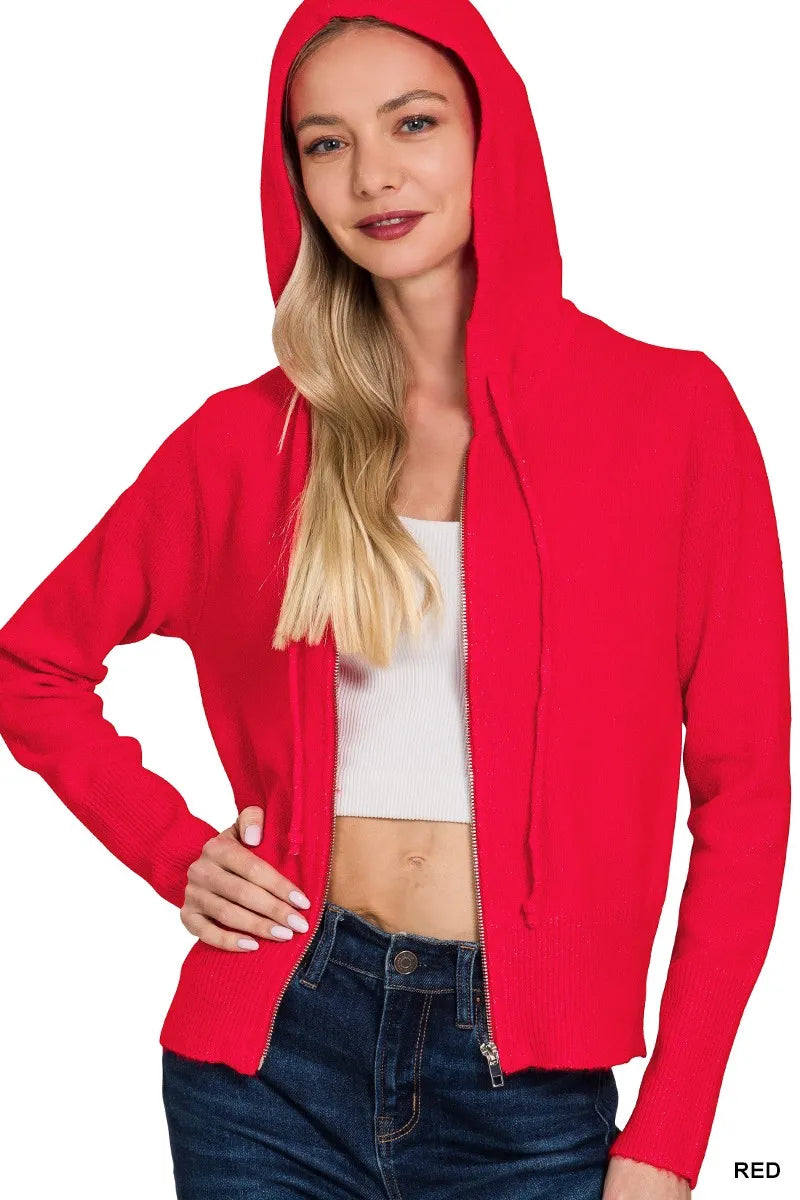 Zenana Drawstring Zip Up Hooded Cardigan Cardigans
