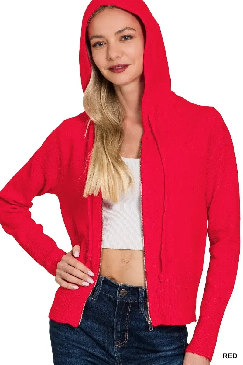 Zenana Drawstring Zip Up Hooded Cardigan Red - DAVERRI FASHIONS