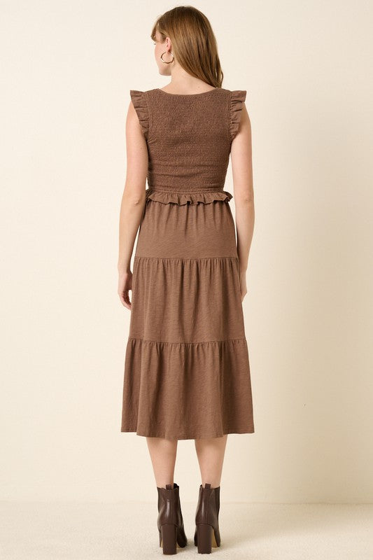 Mittoshop Brown Smocked Ruffled Tiered Midi Dress Mid Dresses