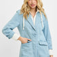 RISEN One Button Blazer with Hoodie Jacket in light blue denim, white lining, drawstring hood