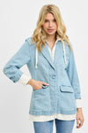 RISEN One Button Blazer with Hoodie Jacket in light blue denim, white lining, drawstring hood