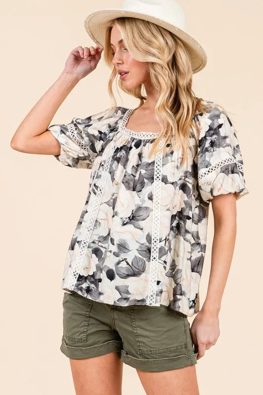 Lime 'N' Chili Floral Print Lace Trim Puff Sleeve Blouse