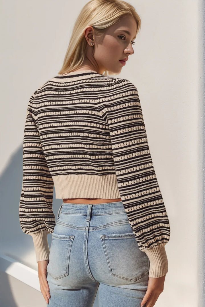 Double Take Full Size Striped Bow Decor Cropped Cardigan | Cardigans Daverri Fashions