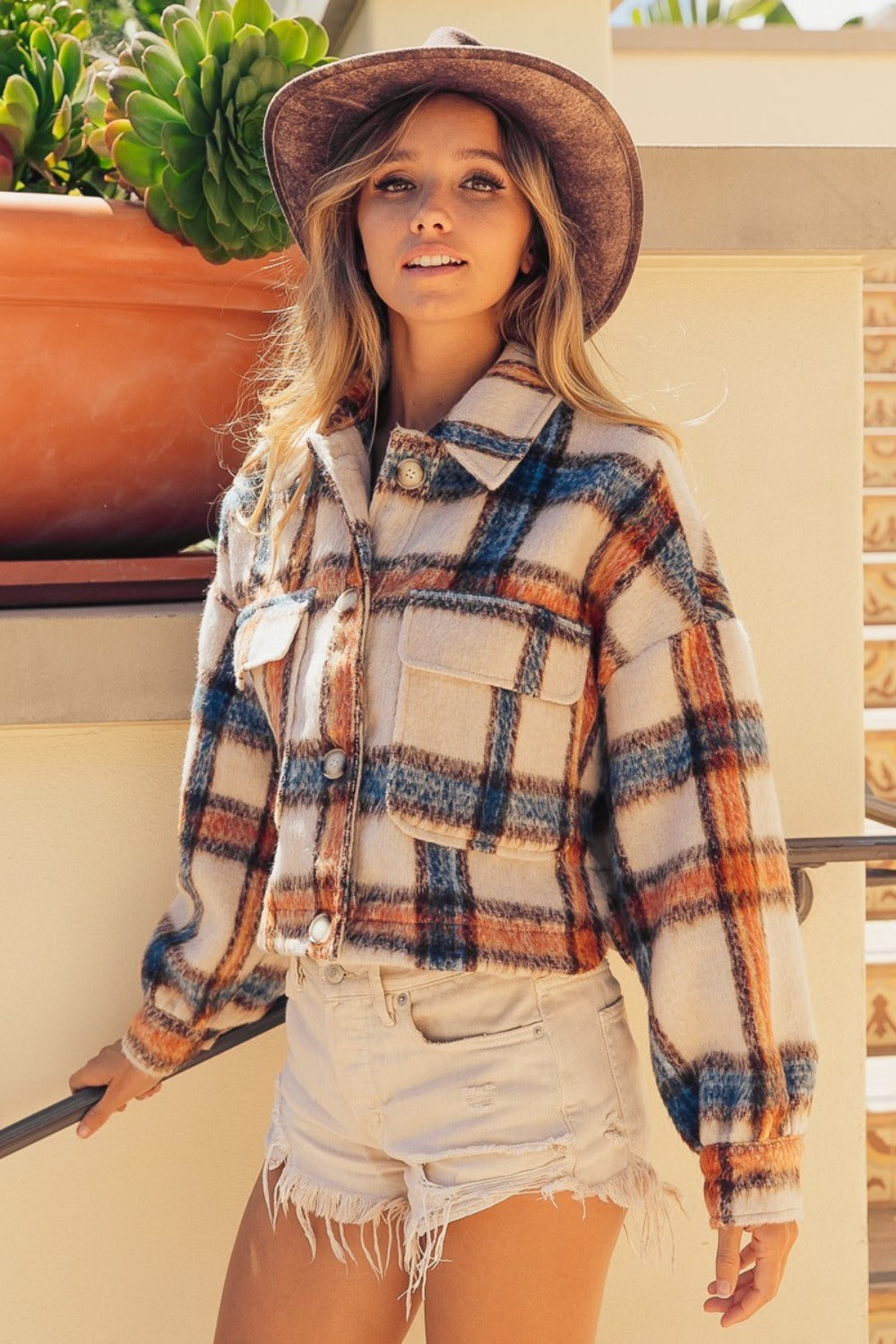 BiBi Brushed Plaid Crop Jacket with Pockets Jackets