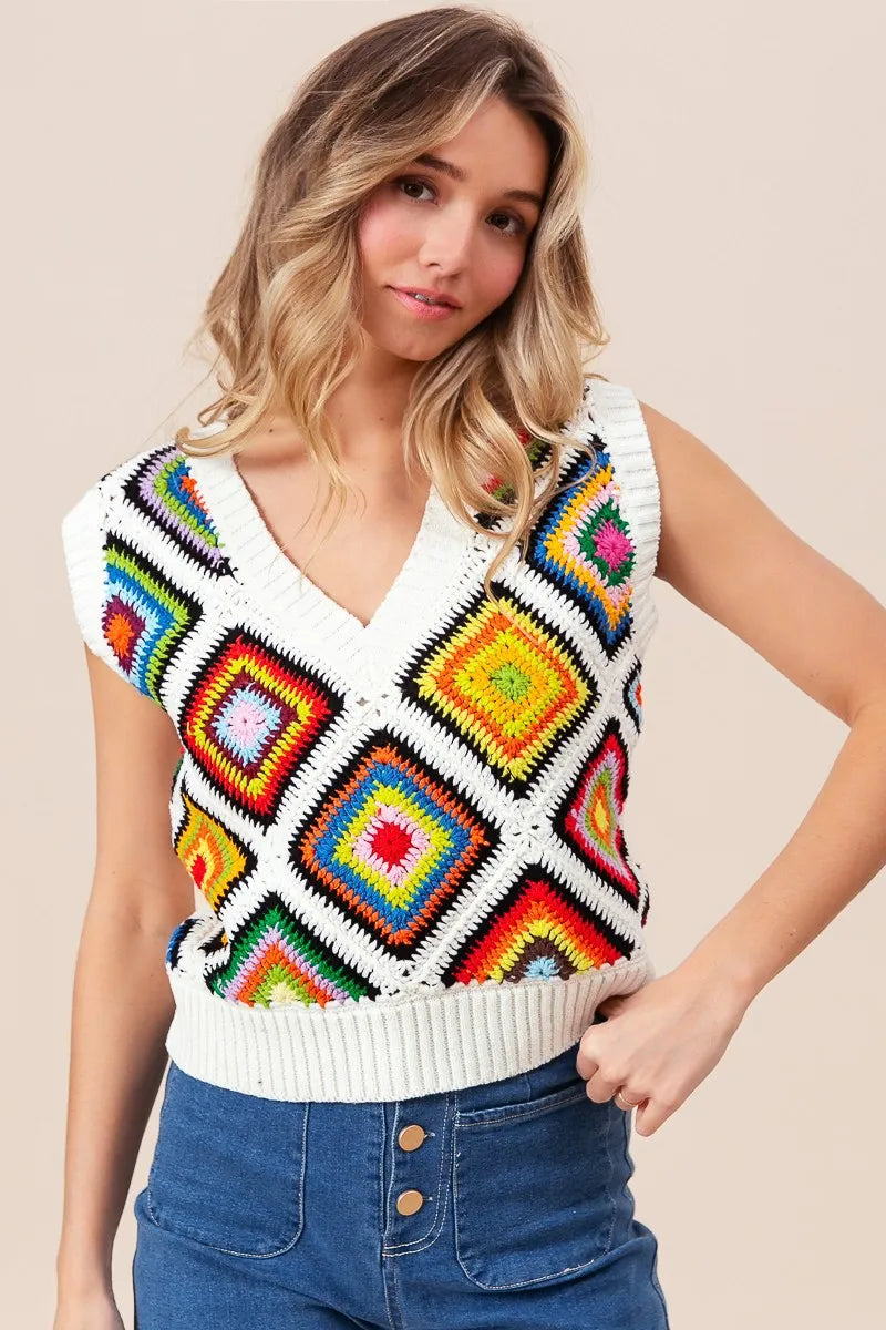 BiBi Diamond Granny Square Sweater Vest | Sweater Vests Daverri Fashions