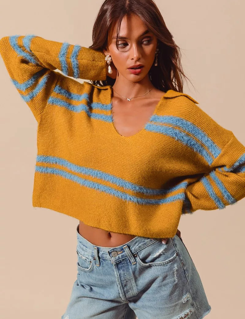 SO ME Fuzzy Hairy Stripe Deep U Neck Swetaer | Sweaters Daverri Fashions