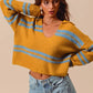 SO ME Fuzzy Hairy Stripe Deep U Neck Swetaer - DAVERRI FASHIONS