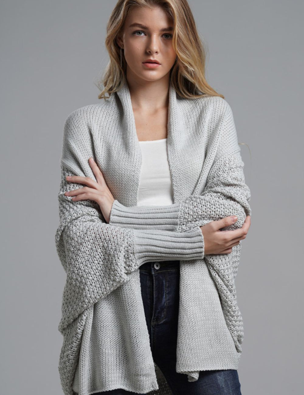 Gray One Size Dolman Sleeve Open Front Ribbed Trim Longline Cardigan | Cardigans Daverri Fashions