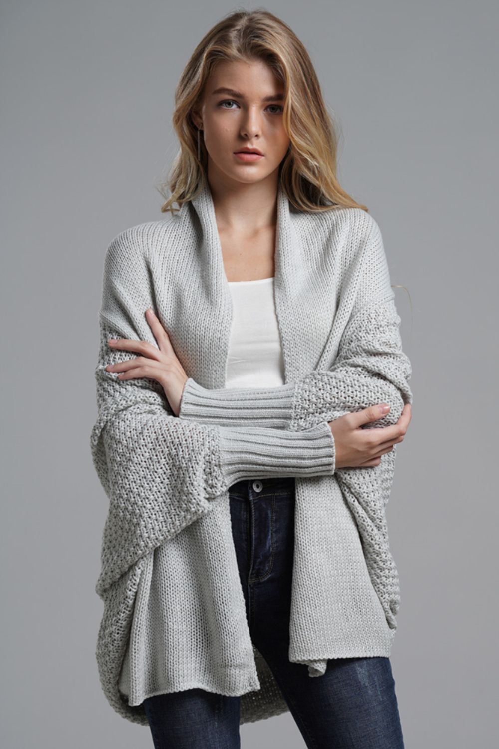 Gray One Size Dolman Sleeve Open Front Ribbed Trim Longline Cardigan | Cardigans Daverri Fashions