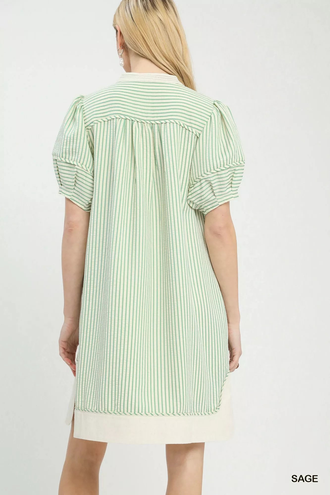 Umgee Pinstripe Shift Dress in sage green white stripes with cream hem