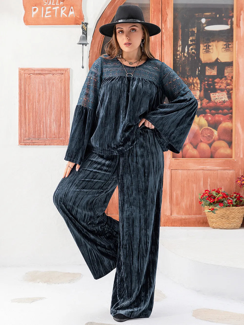 Plus Size Round Neck Flare Sleeve Top and Pants Set | Outfit Sets Daverri Fashions