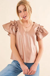And The Why Faux Leather Ruffle Sleeves V Neck Top | Tops Daverri Fashions
