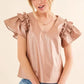 And The Why Faux Leather Ruffle Sleeves V Neck Top - DAVERRI FASHIONS