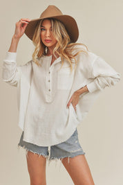 Aemi + Co Exposed Seam Raw Hem Half Button Top White Tops