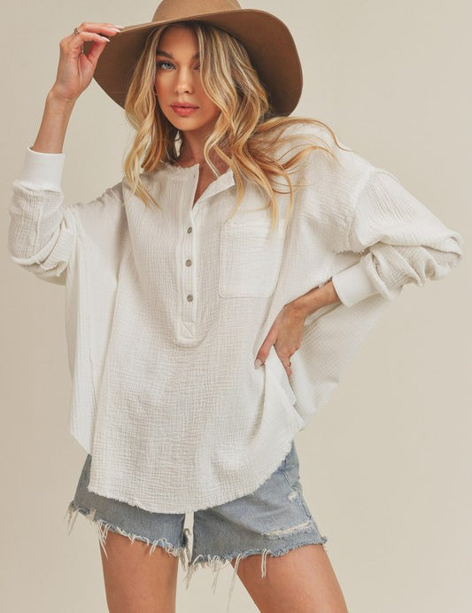 Aemi + Co Exposed Seam Raw Hem Half Button Top White Tops