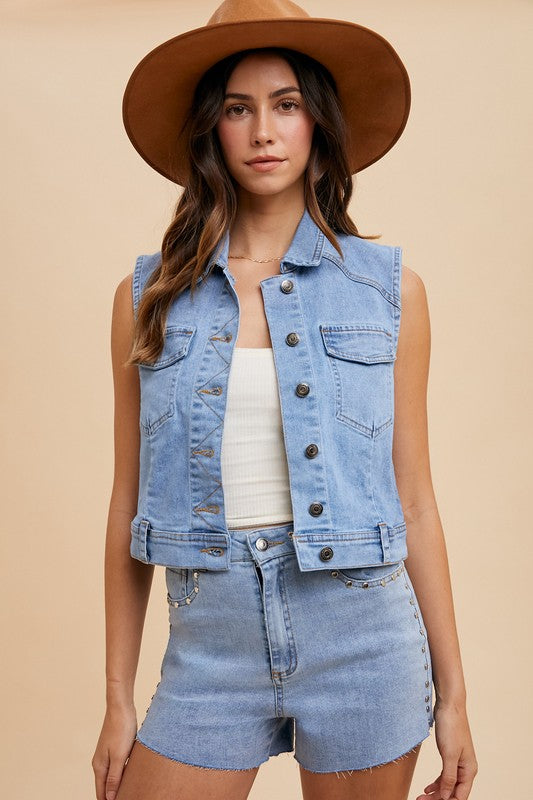 Annie Wear Collared Neck Button Down Denim Vest Vests