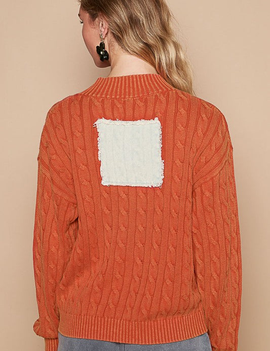 POL Cable-Knit Peace Patch Dropped Shoulder Sweater