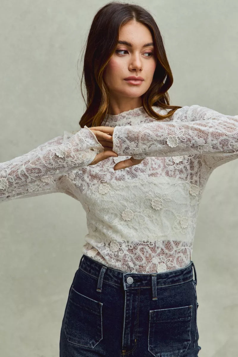 Delicate SO ME white lace long-sleeve top with 3D floral patterns