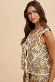 Annie Wear Ethnic Woven Jacquard Tie Front Vest | Vests Daverri Fashions