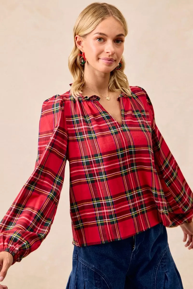 BiBi Christmas Plaid Balloon Sleeves Ruffled V-Neck Top | Daverri Fashions