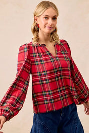 BiBi Christmas Plaid Balloon Sleeves Ruffled V-Neck Top | Daverri Fashions