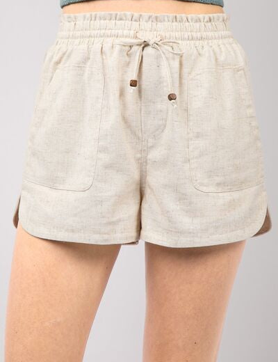 VERY J Drawstring Elastic Waist Linen Shorts Oatmeal