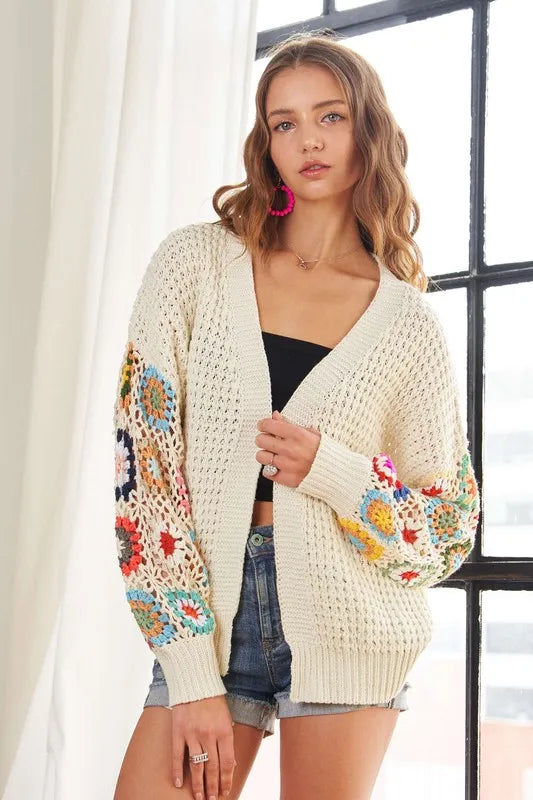 ADORA Full Size Contrast Crochet Open Front Long Sleeve Cardigan | Cardigans Daverri Fashions