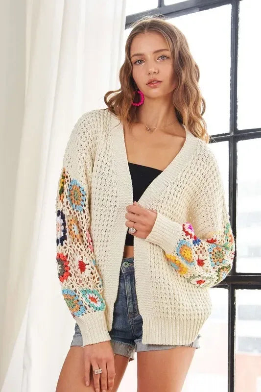 ADORA Full Size Contrast Crochet Open Front Long Sleeve Cardigan - DAVERRI FASHIONS