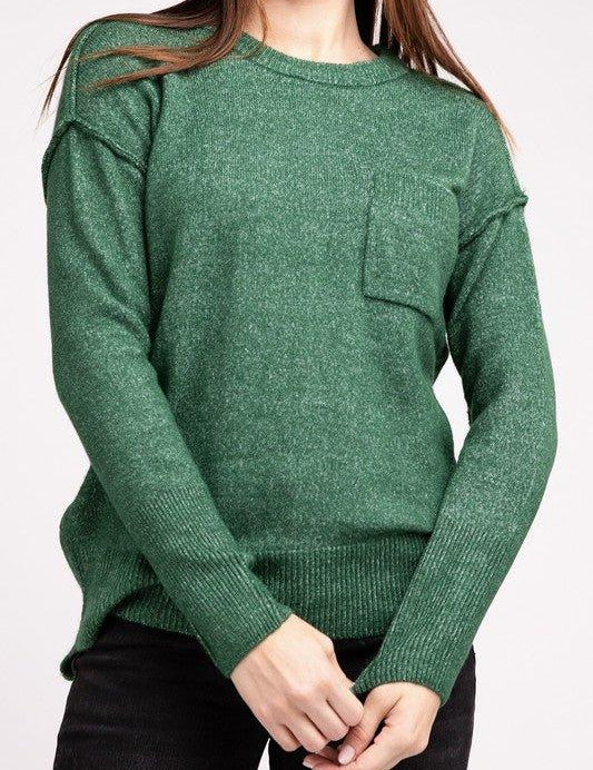 Zenana Hi-Low Hem Round Neck Sweater H DK GREEN Sweaters