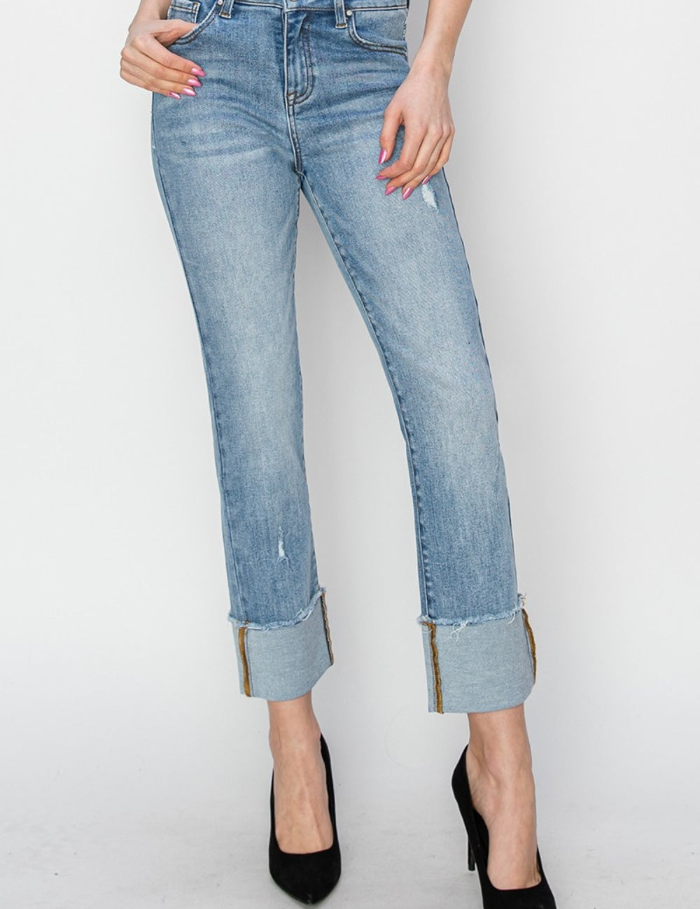 RISEN Full Size High Rise Cuffed Slim Straight Jeans Light