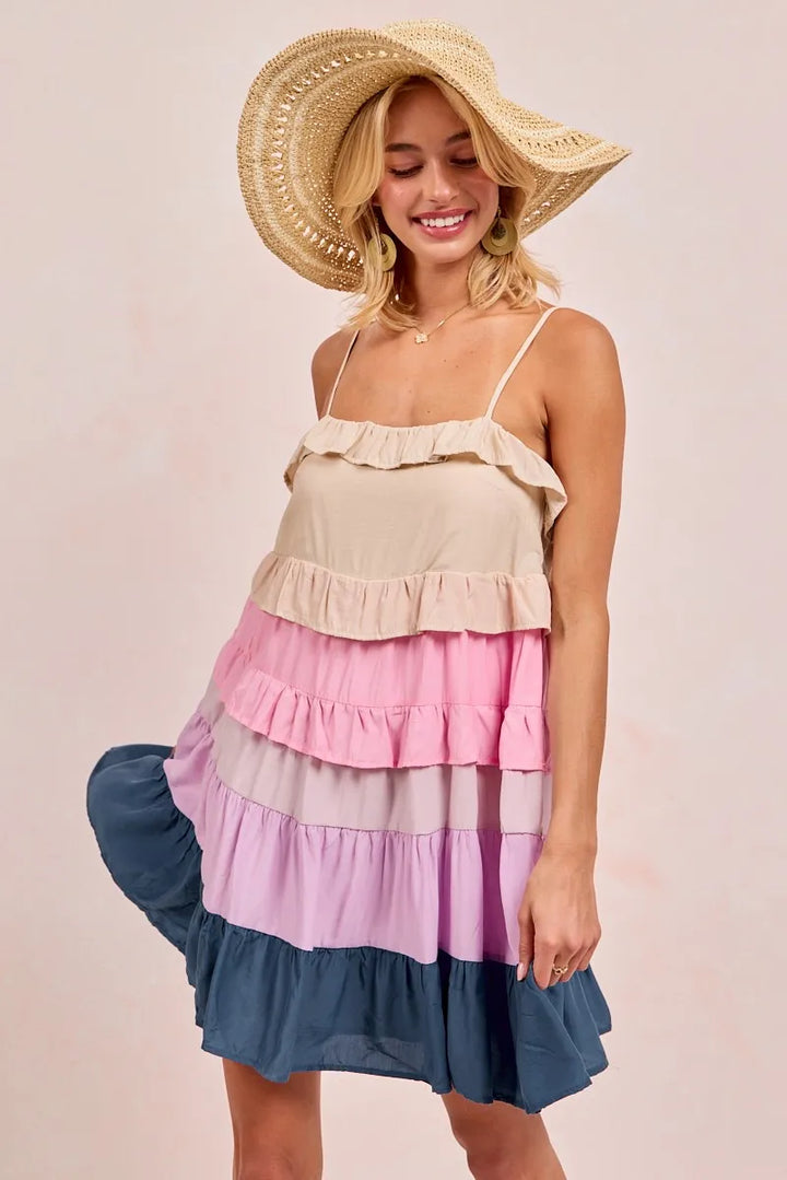 BiBi Color Blocked Tiered Dress Mini Dresses