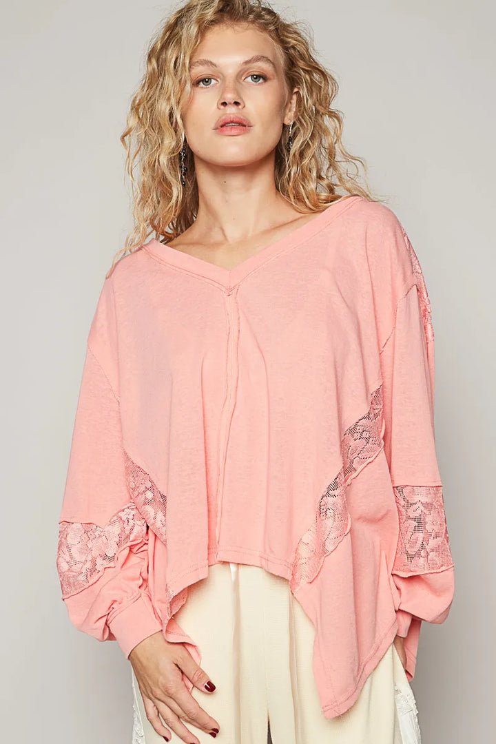 POL V-Neck Long Sleeve T-Shirt with Lace Detail T-Shirts