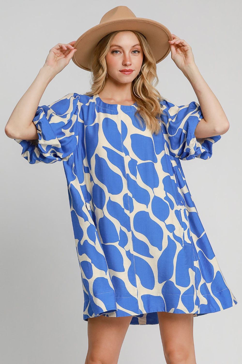 Umgee Two Tone Abstract Print Puff Sleeve Dress Blue Midi Dresses