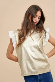 ICE GOLD Annie Wear Mix Media Metallic Knit Ruffle Sleeve Top | Tops Daverri Fashions