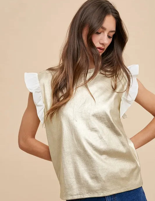 ICE GOLD Annie Wear Mix Media Metallic Knit Ruffle Sleeve Top | Tops Daverri Fashions