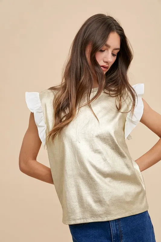 Annie Wear Mix Media Metallic Knit Ruffle Sleeve Top ICE GOLD