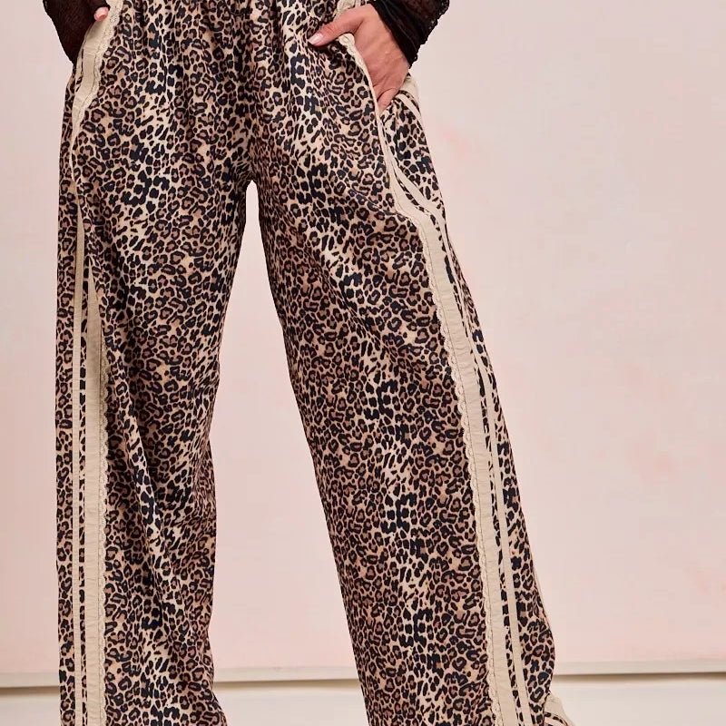 BiBi Leopard Printed Track Pants with White Stripes and Pockets