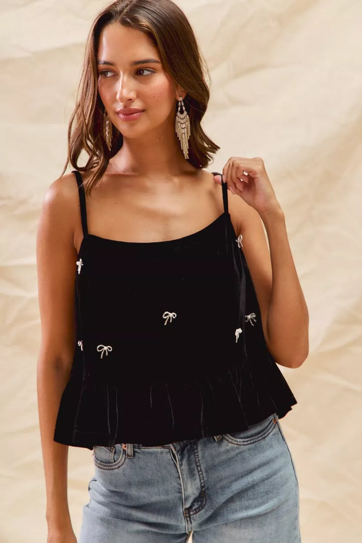 SO ME Holiday Velvet Ribbon Rhinestone Christmas Top | Tops Daverri Fashions