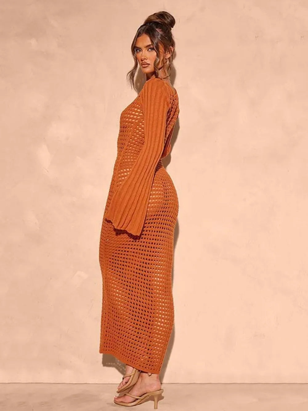 Openwork Square Neck Flare Sleeve Cover-Up Dress | Cover-Ups Daverri Fashions