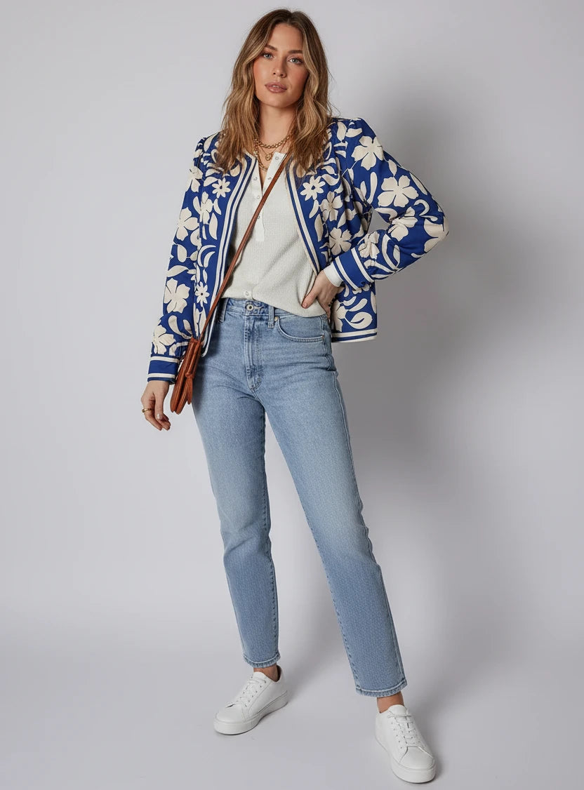 Blue and white floral bomber jacket with open front buttoned ribbed cuffs