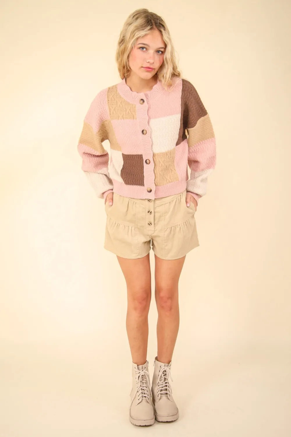 VERY J Color Block Button Down Textured Sweater Cardigan Cardigans